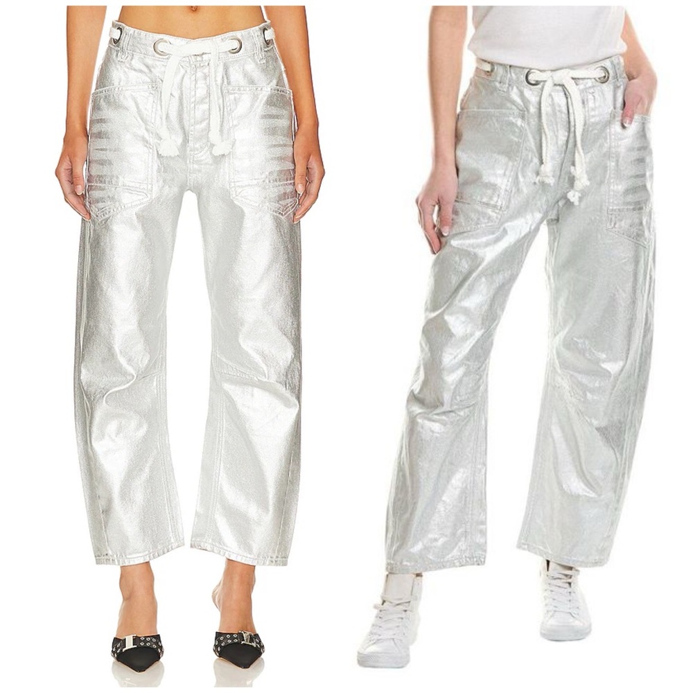 We the Free FREE PEOPLE Moxie Metallic Jeans Silver NWT SZ 28 FIRM